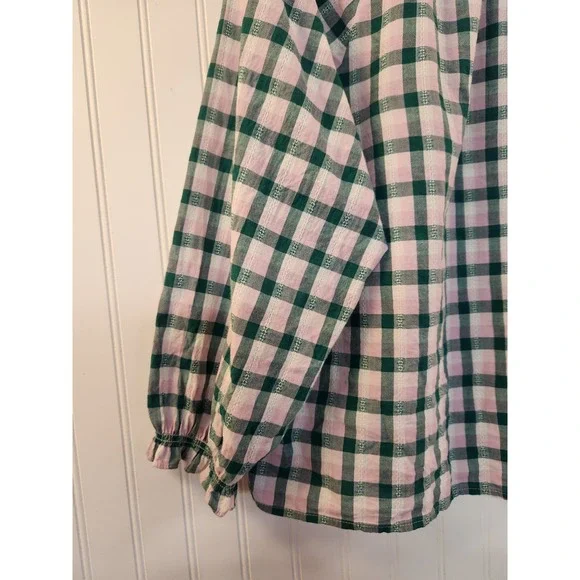 J.Crew Pink Green Gingham Ruffle Neck Cotton Sheer Peasant Blouse XL Flowy Boho - Picture 5 of 14